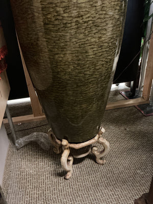 Olive Green Oversized Trumpet Neck Fossilized Tree Bark Pattern Metal Floor Vase 71 x 22