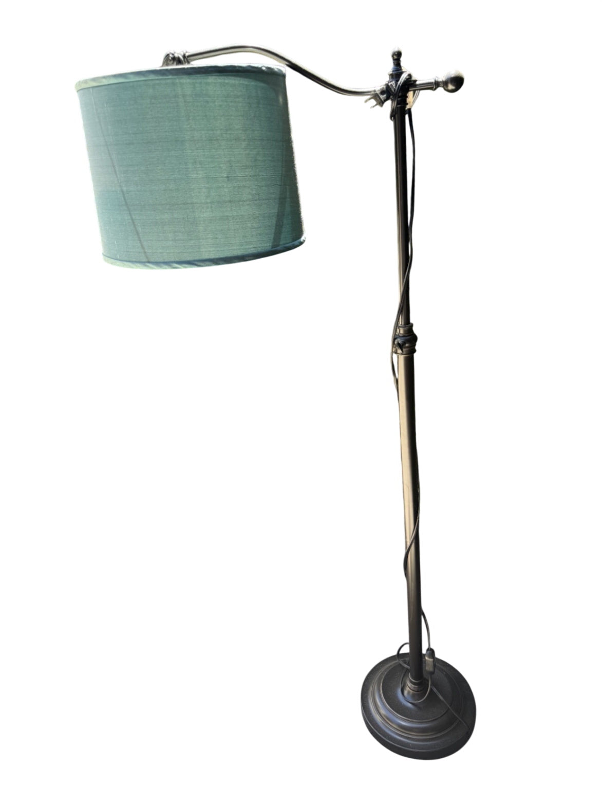 Black gooseneck floor lamp with blue shade