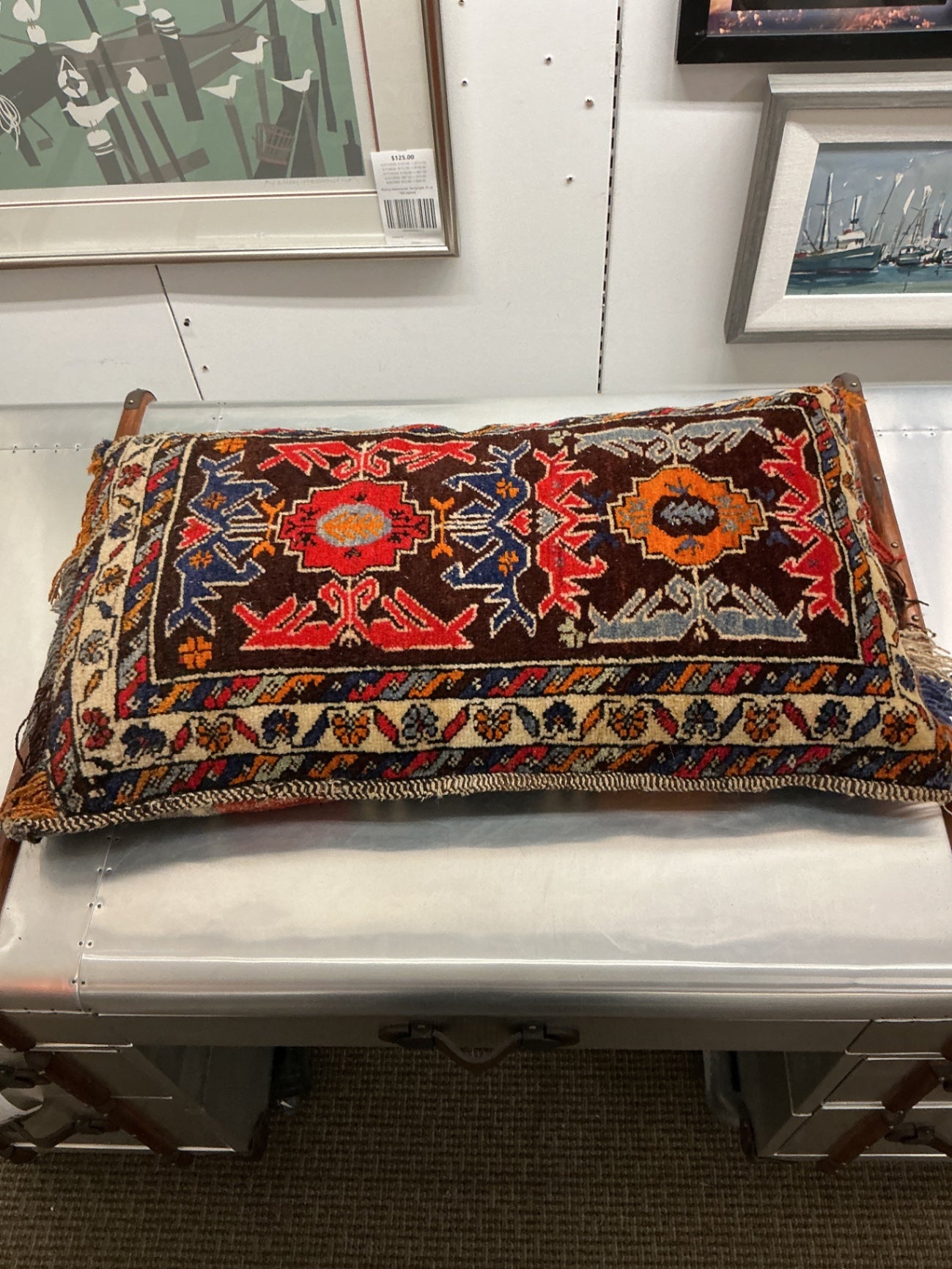 Vintage Kilim Rug Pillow 33 x 20 Orange Red & Blue