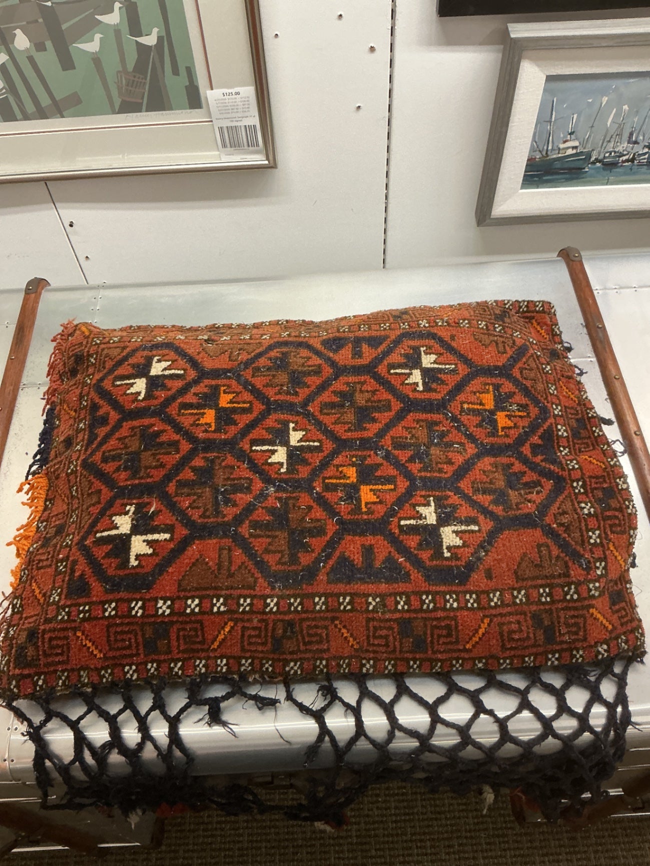Vintage Kilim Rug Pillow 30 x 22 Red Orange & Blue w/ Netting