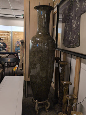 Olive Green Oversized Trumpet Neck Fossilized Tree Bark Pattern Metal Floor Vase 71 x 22