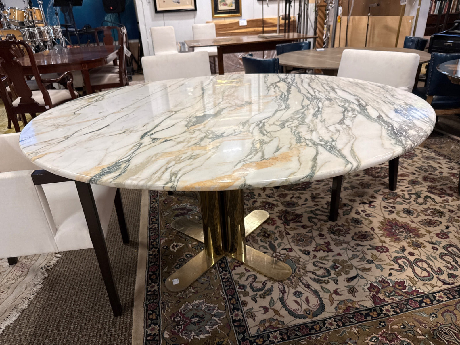 Italian Calacatta Paonazzo Marble 59" Round Fluted Brass Pedestal Base Dining Table Attributed To Romeo Rega 1970s