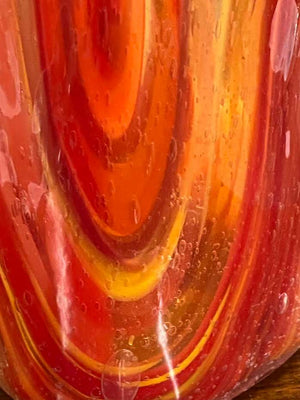 Orange & Red Ribbon Swirl Hankerchief Rim Art Glass Floor Vase 22" Tall 13" Mouth