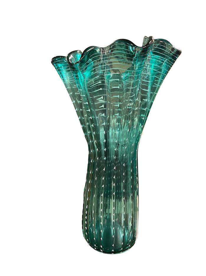 Emerald Green Hand-Blown Tornado Bowl Art Glass Floor Vase 27" Tall 14" Mouth