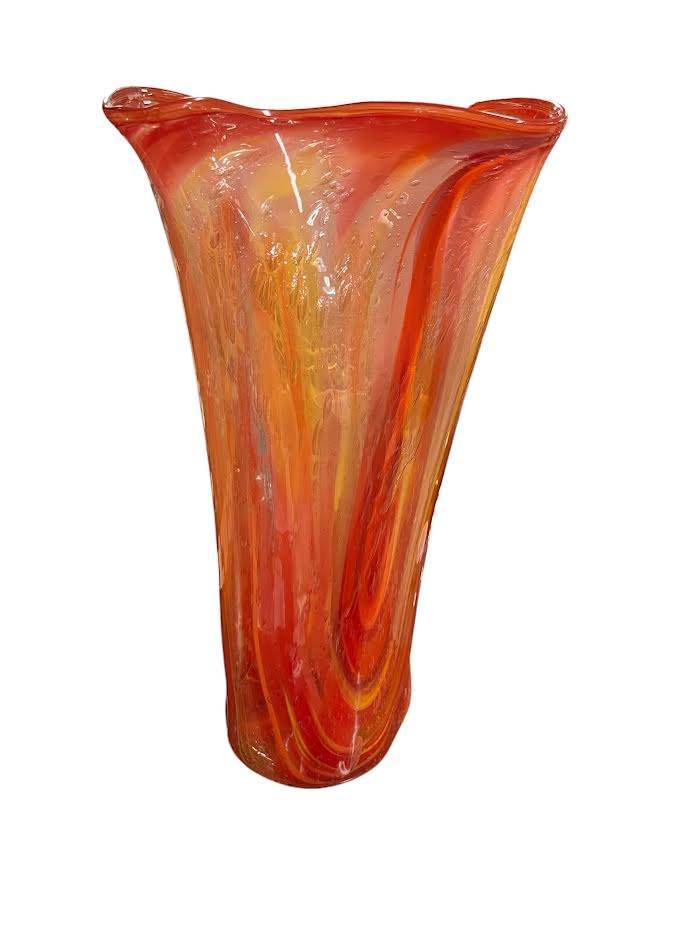 Orange & Red Ribbon Swirl Hankerchief Rim Art Glass Floor Vase 22" Tall 13" Mouth