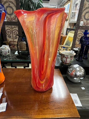 Orange & Red Ribbon Swirl Hankerchief Rim Art Glass Floor Vase 22" Tall 13" Mouth