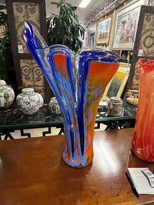 Cobalt Blue & Orange Art Glass Hand-Blown Floor Vase 28"