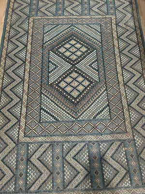 Blue Brown Beige Tunisian Wool Rug 5x6