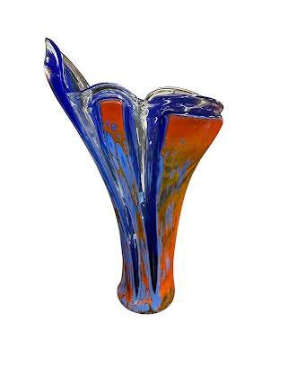 Cobalt Blue & Orange Art Glass Hand-Blown Floor Vase 28"