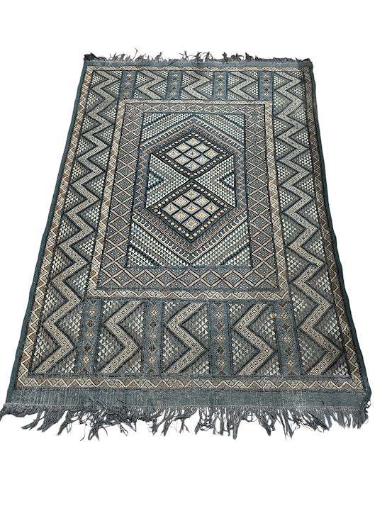 Blue Brown Beige Tunisian Wool Rug 5x6
