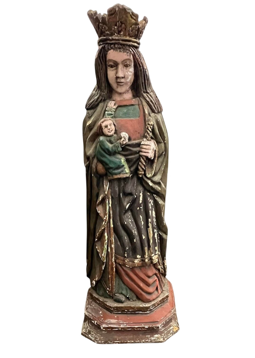 Antique Madonna And Child Virgin Mary Hand-Carved Wood 3Ft x 14.5