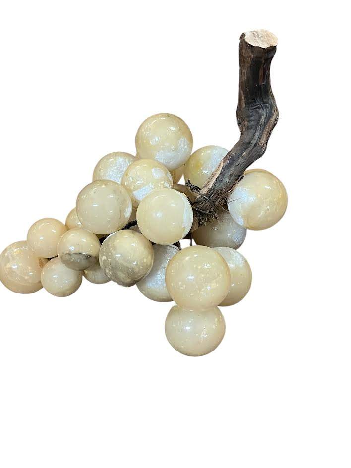 Vintage Carved Jasper Lattice Grape Cluster On Natural Wood Stem 13x10