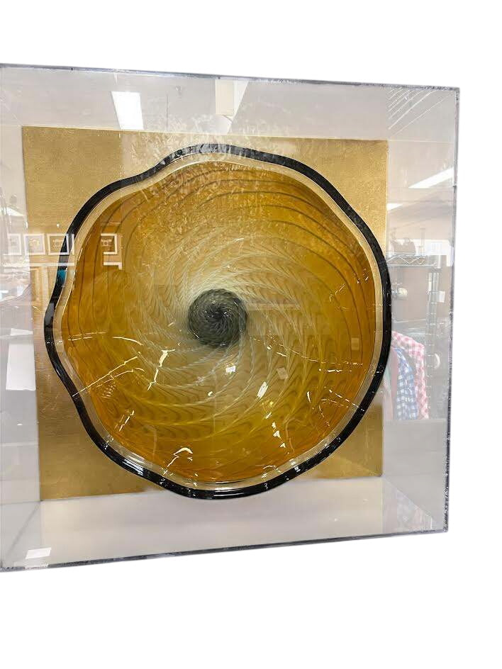 Yellow Swirl Brown Ruffled Rim Hand Blown Art Glass Vortex Bowl Sculpture In Shadow Box 26x26x10
