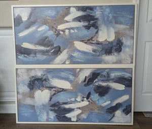 Blue, Ink, White Abstract Painting with White Frame (Pair)