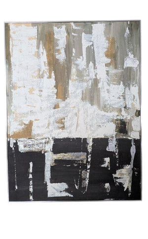 Gold, Black & White Abstract Painting - Silver Frame