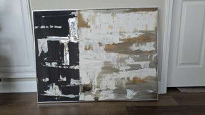 Gold, Black & White Abstract Painting - Silver Frame