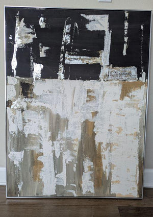 Gold, Black & White Abstract Painting - Silver Frame