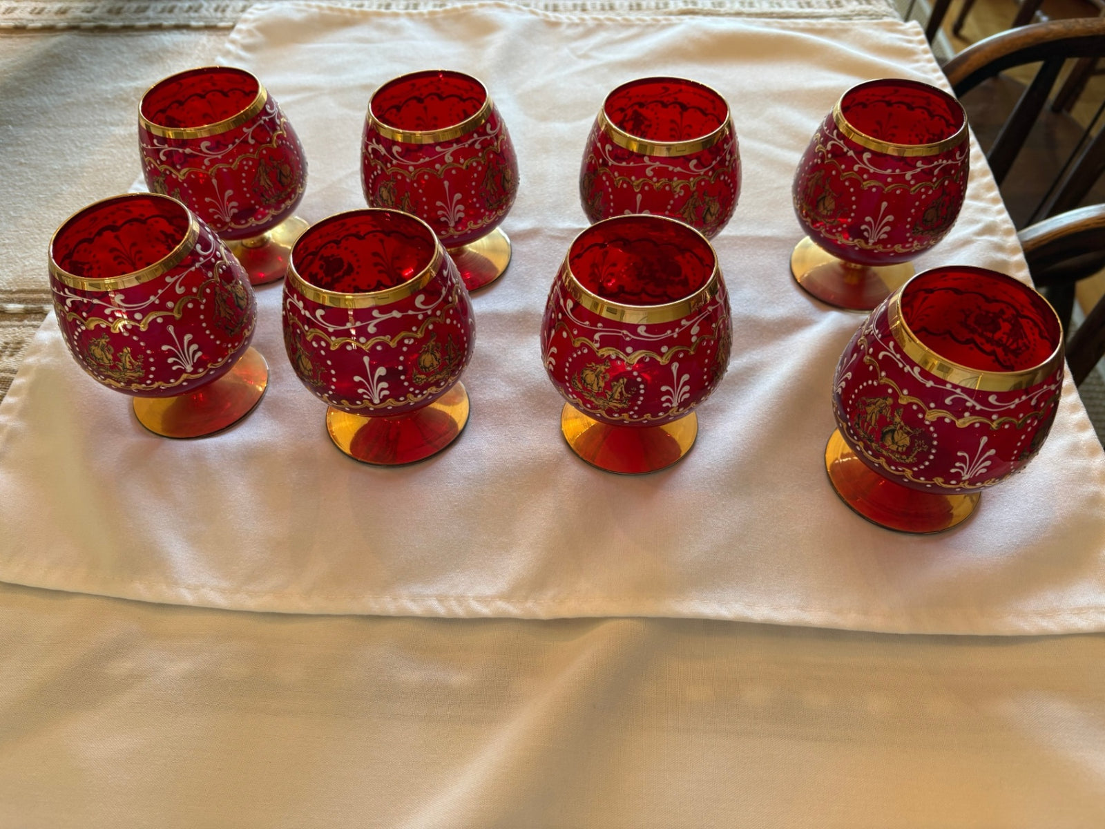 Vintage Bohemian Ruby Gilt Cordial Goblets Set of 8