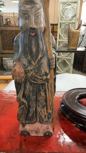Chinese Scholar With Staff Carved Wood Made In Thailand 16"