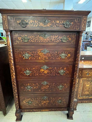 Antique Victorian Marquetry Walnut Inlaid High Chest 66x35x20