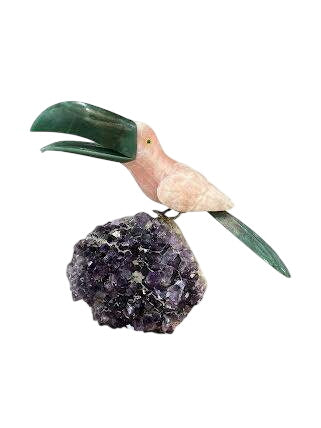 Rose Quartz & Green Aventurine Brass Legged Toucan Sculpture Perched on Amethyst Approx 18"x18"