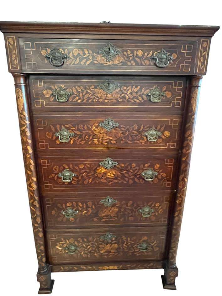 Antique Victorian Marquetry Walnut Inlaid High Chest 66x35x20