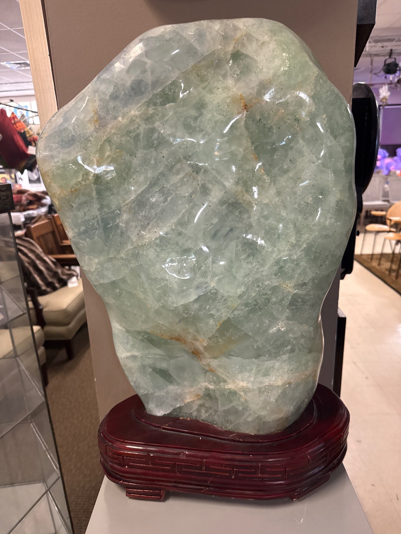 Monumental Polished Green Fluorite Freeform Sculpture on Stand