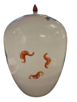 Chinese Porcelain Famille Rose Ginger Jar With Red Finial Lid Mid Century 13"