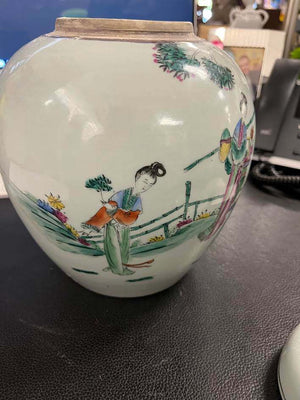 Chinese Porcelain Famille Rose Ginger Jar With Flat Lid 12" Tall