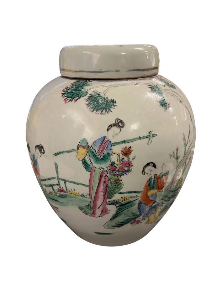 Chinese Porcelain Famille Rose Ginger Jar With Flat Lid 12" Tall