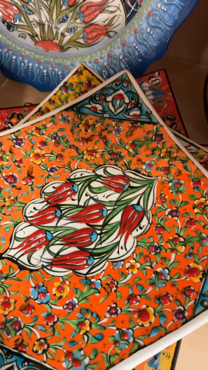 Hand Painted Turkish Square Plate Approx 8x8in