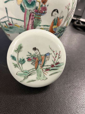 Chinese Porcelain Famille Rose Ginger Jar With Flat Lid 12" Tall