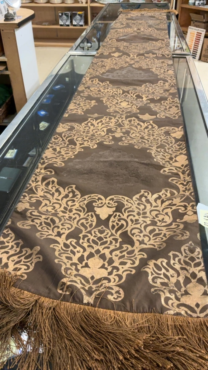 Brown Gold Damask Fringe Runner Approx 8ft