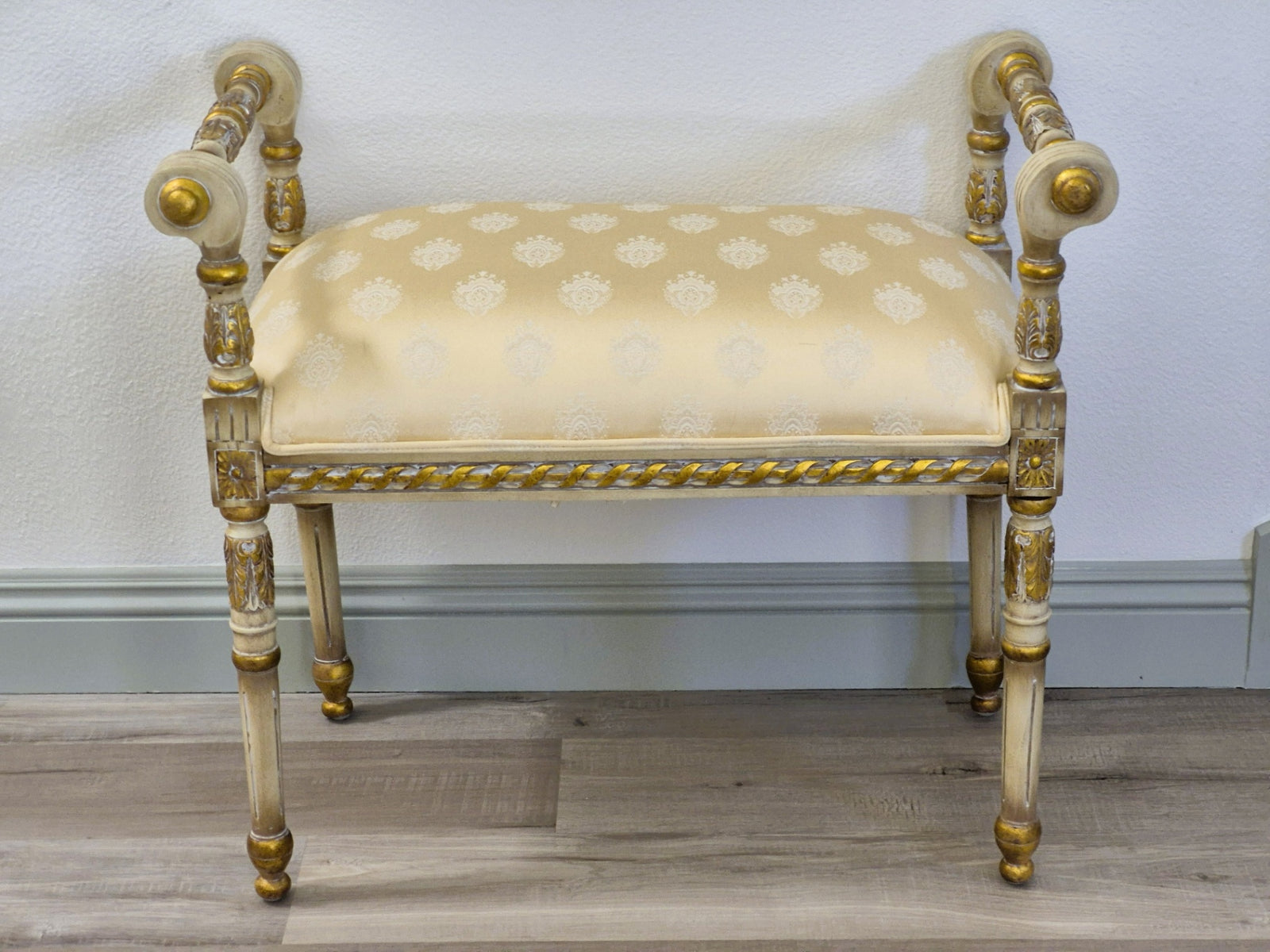 Hollywood Regency Neoclassical Bench with Damask Upholstery