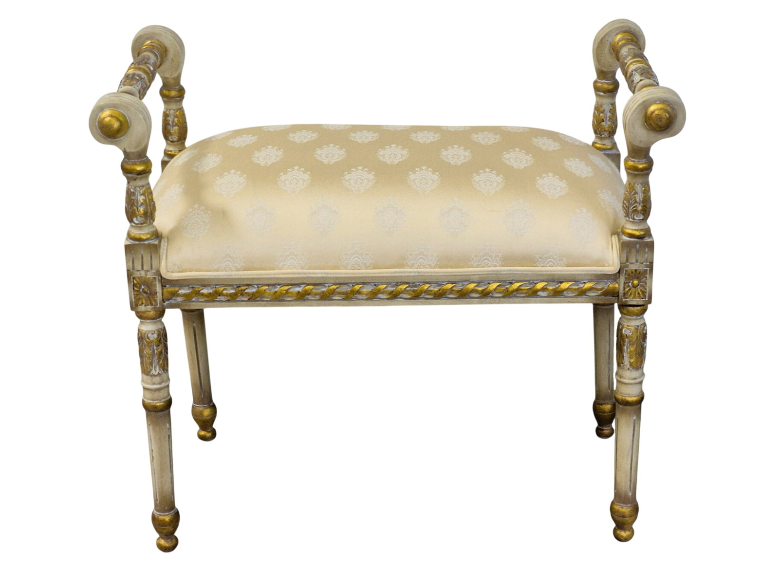 Hollywood Regency Neoclassical Bench with Damask Upholstery