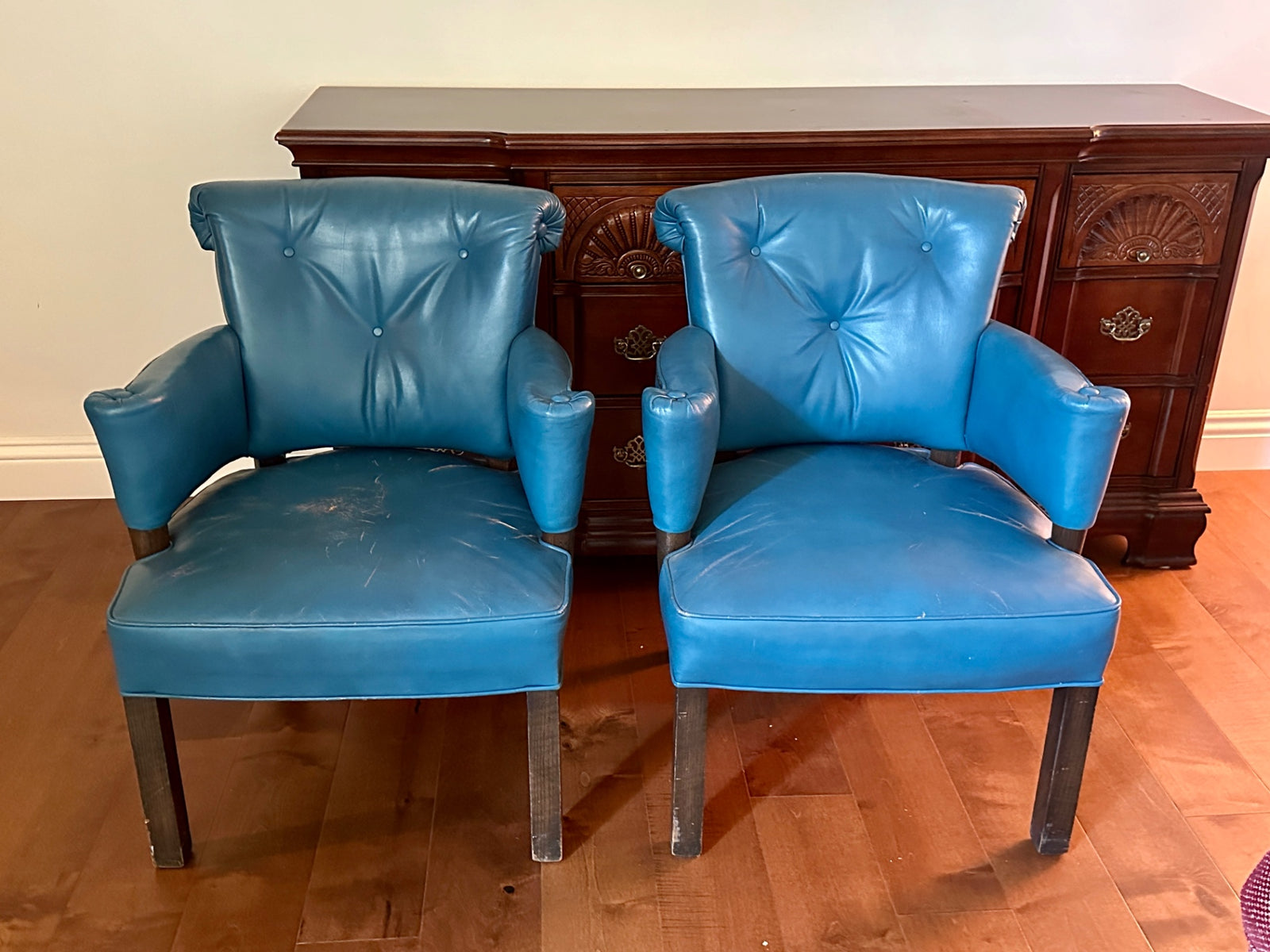 Teal Blue Tufted Leather Armchairs (pair)
