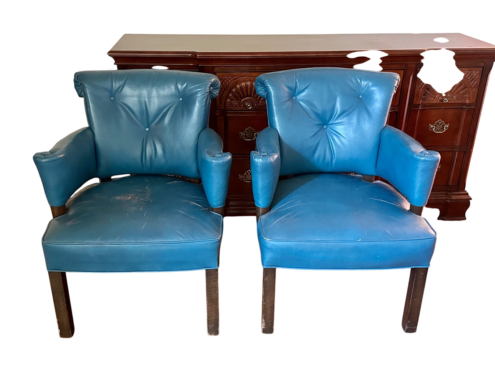Teal Blue Tufted Leather Armchairs (pair)