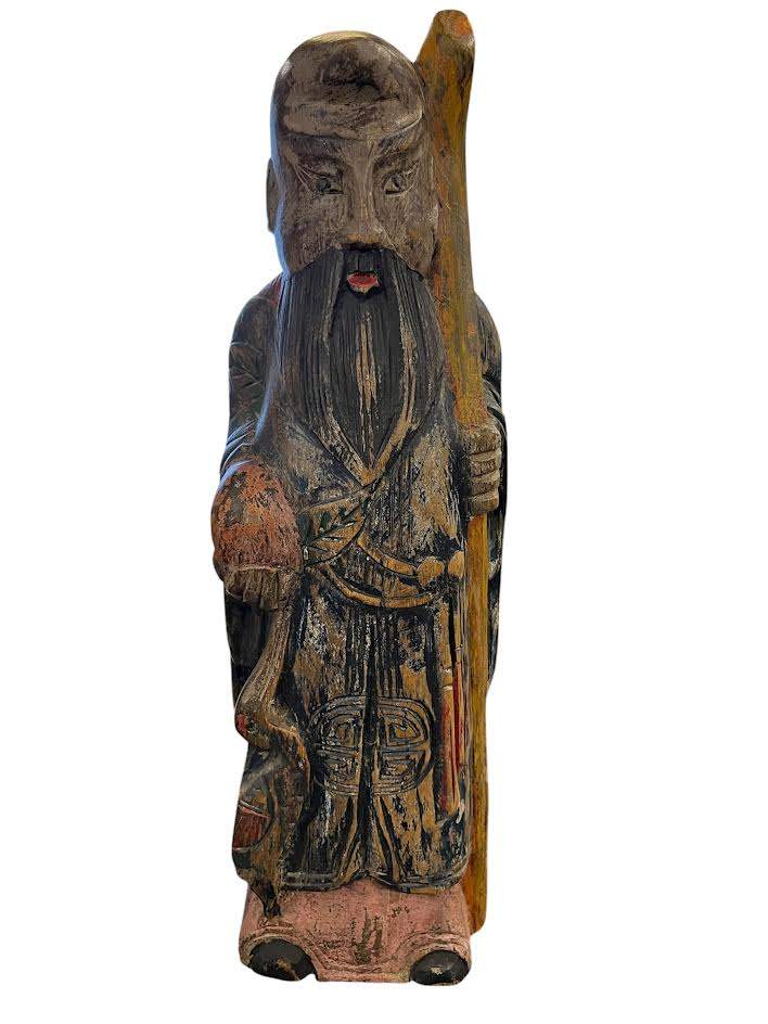 Chinese Scholar With Staff Carved Wood Made In Thailand 16"
