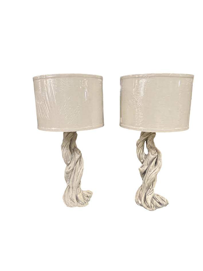 JOHN DICKINSON STYLE PLASTER TREE TRUNK LAMPS (Pair) With New Shades
