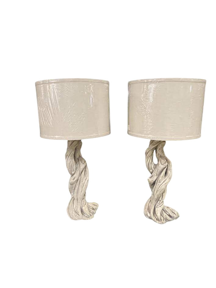 JOHN DICKINSON STYLE PLASTER TREE TRUNK LAMPS (Pair) With New Shades