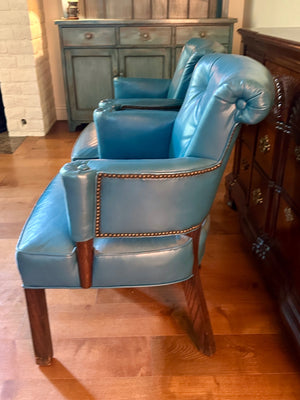 Teal Blue Tufted Leather Armchairs (pair)