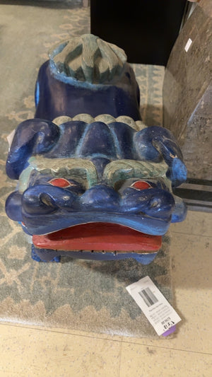 Pair of Hand-Carved Blue Foo Dog Guardian Benches
