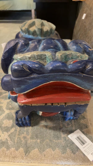 Pair of Hand-Carved Blue Foo Dog Guardian Benches