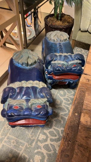 Pair of Hand-Carved Blue Foo Dog Guardian Benches