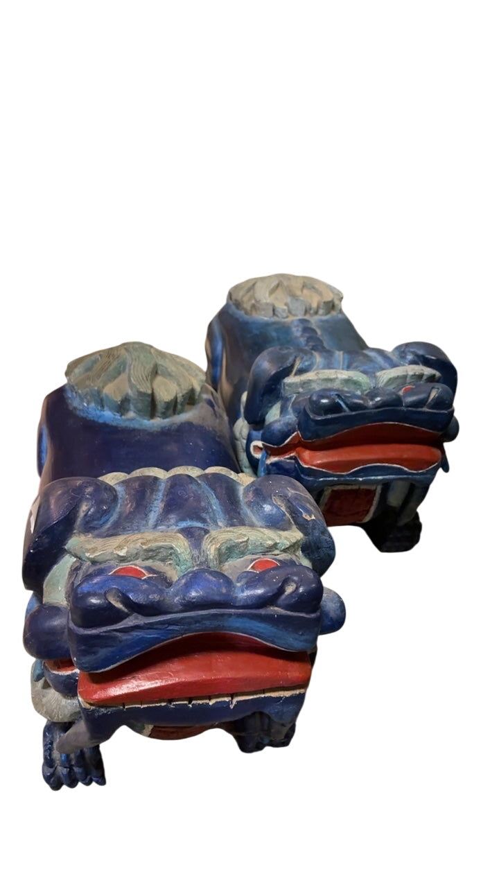 Pair of Hand-Carved Blue Foo Dog Guardian Benches