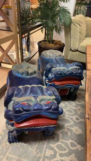 Pair of Hand-Carved Blue Foo Dog Guardian Benches
