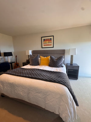 Custom Robert Allen Storage Grey Upholstered Bed (please measure)