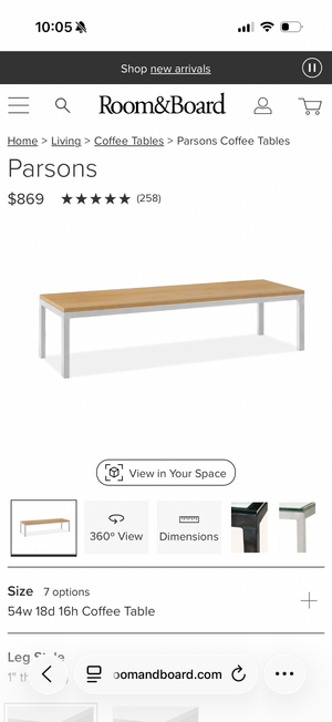 Room & Board Parsons Coffee Table 58x16x18