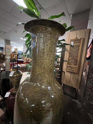 Olive Green Oversized Trumpet Neck Fossilized Tree Bark Pattern Metal Floor Vase 71 x 22
