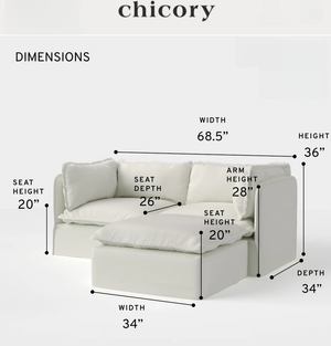 Chicory Modular Outdoor Washable 2-Seater Sectional & Ottoman Sofa: 68.5" W x 36" H x34" D